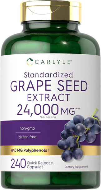 Carlyle Grape Seed Extract 24000 mg Equivalent 240 Capsules | Maximum Strength Standardized Extract | Non-GMO Gluten