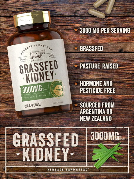Carlyle Grass Fed Beef Kidney Supplement | 200 Capsules | 3000mg | Pasture Raised Desiccated Bovine Supplement | Hormone and Pesticide | Non-GMO Gluten | by Herbage Farmstead