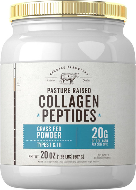 Carlyle Grass Fed Collagen Peptides Powder 20oz | Unflavored | Pasture Raised | Types I & III | 20g of Collagen Per Daily Dose | Non-GMO Gluten | by Herbage Farmstead