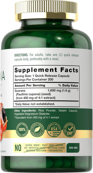 Carlyle Guarana Extract Capsules | 1600mg | 200 Count | Non-GMO Gluten Extract | Naturally Occurring Caffeine