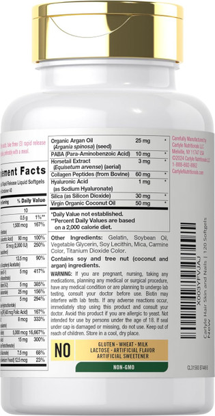 Carlyle Hair Skin and Nails Vitamin | 120 Softgels | Beauty Formula Supplement | with Biotin and Collagen | Non-GMO Gluten