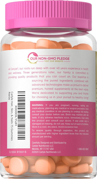 Carlyle Hair Skin and Nails Vitamins | 75 Gummies | with Biotin and Collagen | Gummy Supplement for Women | Strawberry Flavor | Non-GMO Gluten