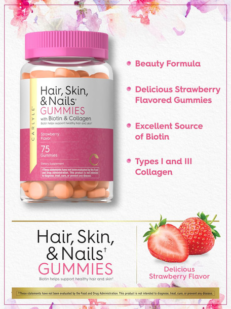 Carlyle Hair Skin and Nails Vitamins | 75 Gummies | with Biotin and Collagen | Gummy Supplement for Women | Strawberry Flavor | Non-GMO Gluten