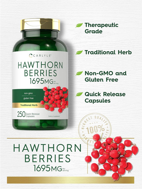 Carlyle Hawthorn Berry Capsules | 1695mg | 250 Capsules | Non-GMO Gluten Extract