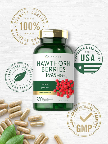 Carlyle Hawthorn Berry Capsules | 1695mg | 250 Capsules | Non-GMO Gluten Extract