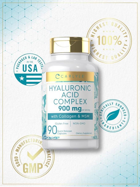 Carlyle Hyaluronic Acid with Collagen 900mg | 90 Capsules | with MSM | Hydrolyzed Collagen Complex | Non-GMO Gluten Supplement