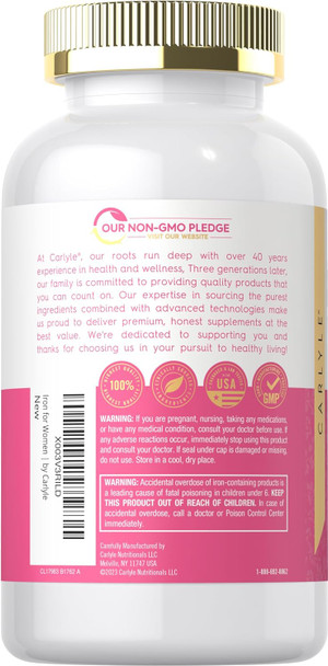 Carlyle Iron for Women 65mg | 300 Coated Tablets | Vegetarian Non-GMO & Gluten Supplement