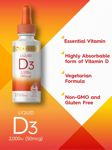 Carlyle Liquid Vitamin D3 | 2000 IU | 2 oz | Vegetarian Non-GMO and Gluten Formula | 50mcg | Vitamin D Liquid Drops for Adults