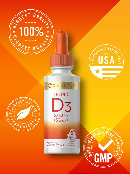 Carlyle Liquid Vitamin D3 | 2000 IU | 2 oz | Vegetarian Non-GMO and Gluten Formula | 50mcg | Vitamin D Liquid Drops for Adults