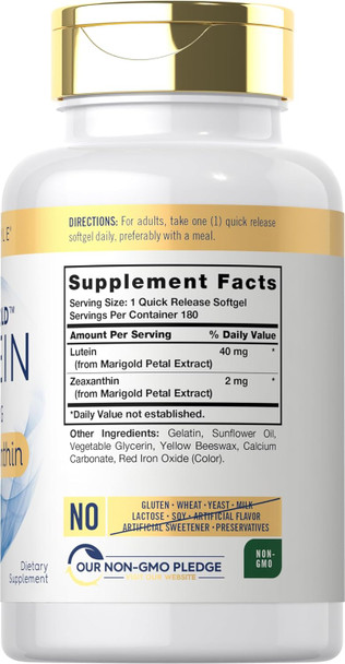 Carlyle Lutein and Zeaxanthin Supplement | 40mg | 180 Softgels | Pills for Eyes | Eye Health Vitamins | Visi-Gold | Non-GMO and Gluten