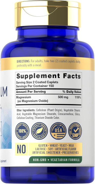 Carlyle Magnesium 500mg | 300 Coated Caplets | Vegetarian Non-GMO and Gluten Supplement