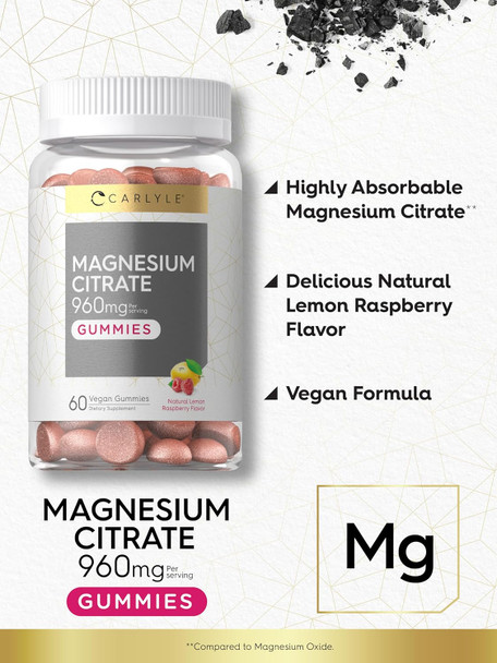 Carlyle Magnesium Citrate Gummies | 960mg | 60 Vegan Gummies | Vegan Non-GMO and Gluten Formula | Lemon Raspberry Flavor