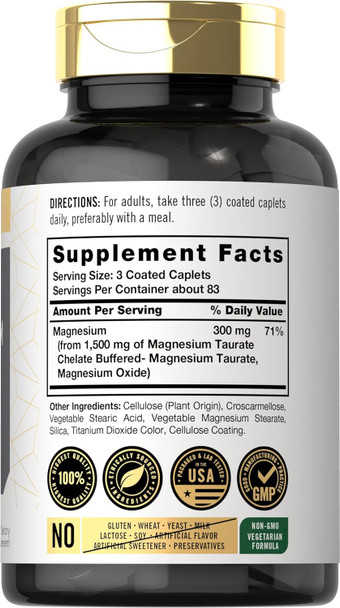 Carlyle Magnesium Taurate 1500mg | 250 Caplets | Chelated and Buffered | Vegetarian Non-GMO Gluten Supplement