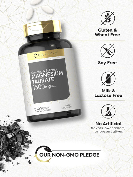 Carlyle Magnesium Taurate 1500mg | 250 Caplets | Chelated and Buffered | Vegetarian Non-GMO Gluten Supplement