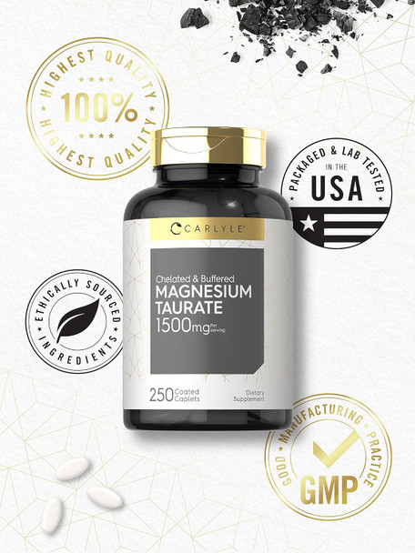 Carlyle Magnesium Taurate 1500mg | 250 Caplets | Chelated and Buffered | Vegetarian Non-GMO Gluten Supplement