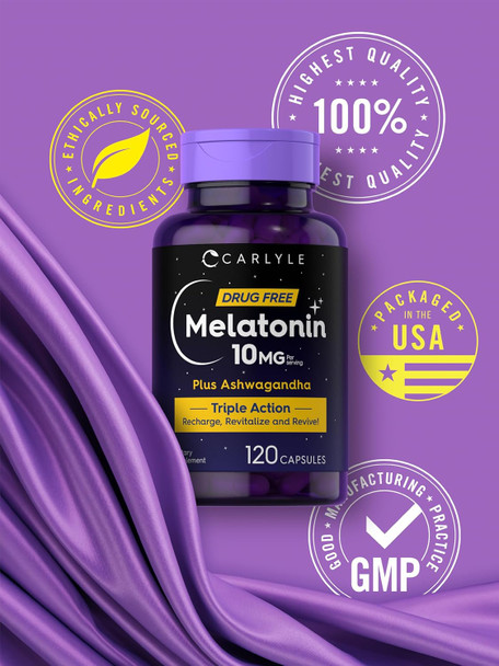 Carlyle Melatonin 10mg | 120 Capsules | with Ashwagandha | Triple Strength Formula | Non-GMO Gluten Supplement