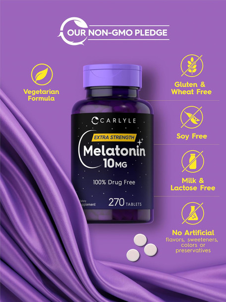 Carlyle Melatonin 10mg | 270 Tablets | Supplement | Drug Aid for Adults | Vegetarian Non-GMO Gluten