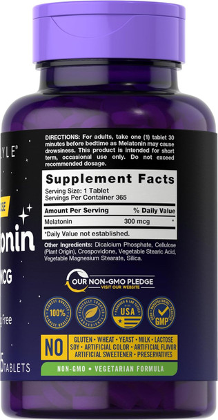 Carlyle Melatonin 300 mcg | 365 Tablets | Low Dose | Vegetarian Non-GMO Gluten