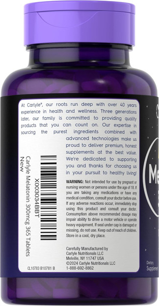 Carlyle Melatonin 300 mcg | 365 Tablets | Low Dose | Vegetarian Non-GMO Gluten