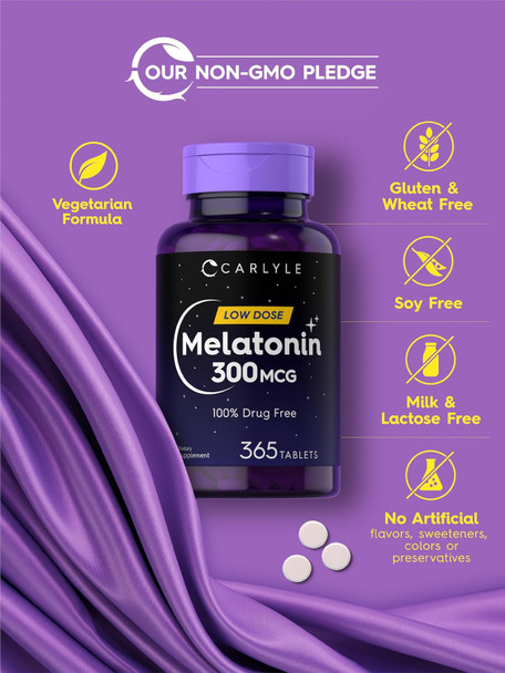 Carlyle Melatonin 300 mcg | 365 Tablets | Low Dose | Vegetarian Non-GMO Gluten