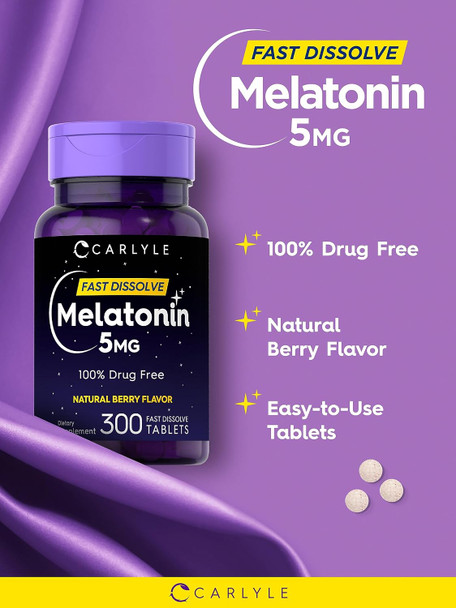 Carlyle Melatonin 5 mg Fast Dissolve 300 Tablets | Berry Flavor | Vegetarian Non-GMO Supplement