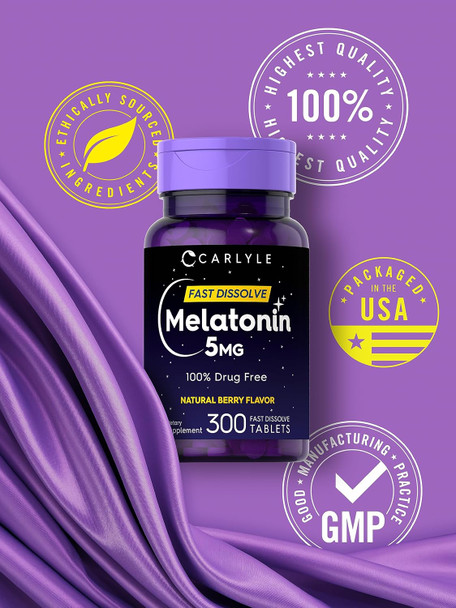 Carlyle Melatonin 5 mg Fast Dissolve 300 Tablets | Berry Flavor | Vegetarian Non-GMO Supplement