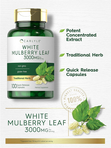 Carlyle Mulberry Leaf Extract | 3000mg | 100 Capsules | Non-GMO and Gluten Herbal Supplement