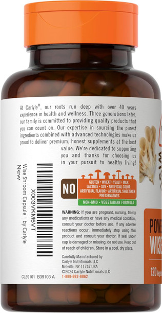 Carlyle Mushroom Complex Capsules | 1650mg | 120 Count | 8 in 1 Blend | Vegetarian Non-GMO Gluten Supplement | WiseShrooms