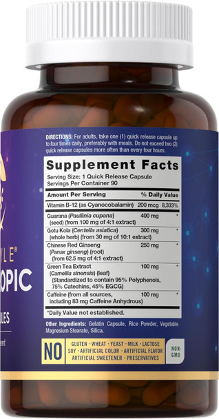 Carlyle Nootropic Supplement | 90 Capsules | with B12 Guarana & More | Non-GMO & Gluten