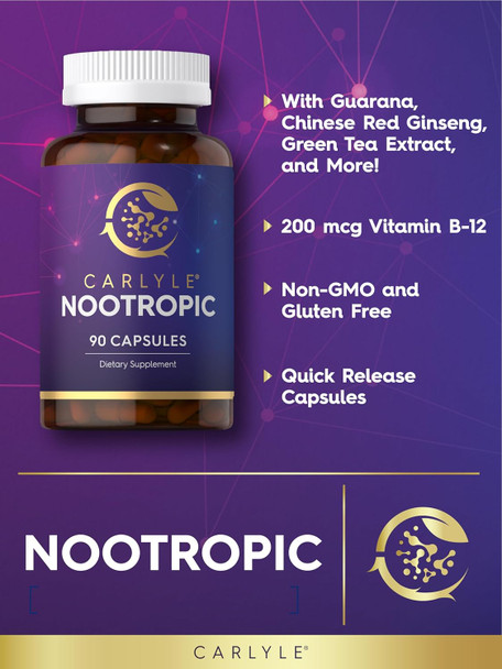 Carlyle Nootropic Supplement | 90 Capsules | with B12 Guarana & More | Non-GMO & Gluten