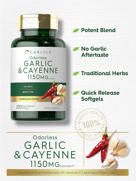 Carlyle Odorless Garlic and Cayenne 1150mg | 200 Softgels | Non-GMO Gluten Supplement
