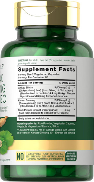 Carlyle Panax Ginseng + Ginkgo Biloba | 120 Vegetarian Capsules | 5000mg | Vegetarian Non-GMO and Gluten Supplement