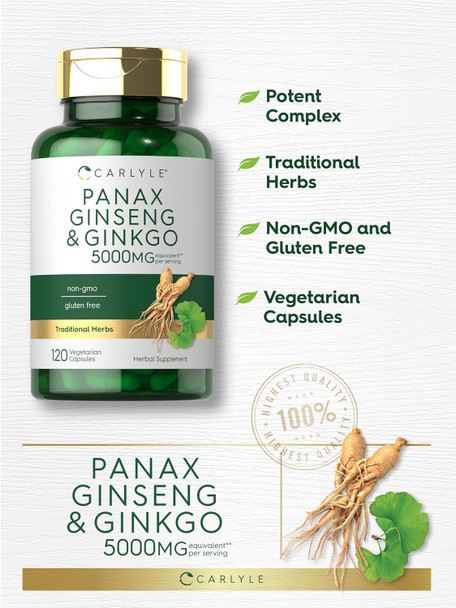 Carlyle Panax Ginseng + Ginkgo Biloba | 120 Vegetarian Capsules | 5000mg | Vegetarian Non-GMO and Gluten Supplement