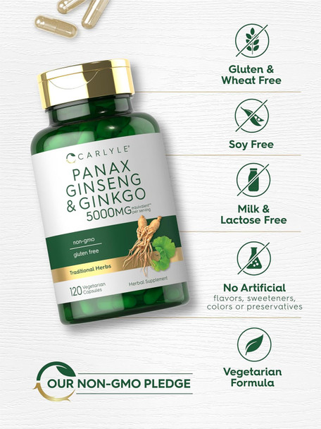 Carlyle Panax Ginseng + Ginkgo Biloba | 120 Vegetarian Capsules | 5000mg | Vegetarian Non-GMO and Gluten Supplement