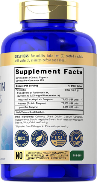 Carlyle Pancreatin Digestive Enzymes | 3000mg | 250 Caplets | Non-GMO Gluten | High Potency Formula