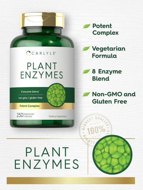 Carlyle Plant Enzymes with Protease Papain Lactase and Bromelain | 250 Capsules | Multi Enzyme Blend | Non-GMO & Gluten Supplement Carlyle Plant Enzymes with Protease Papain Lactase and Bromelain | 250 Capsules | Multi Enzyme Blend | Non-GMO & Gluten Supplement