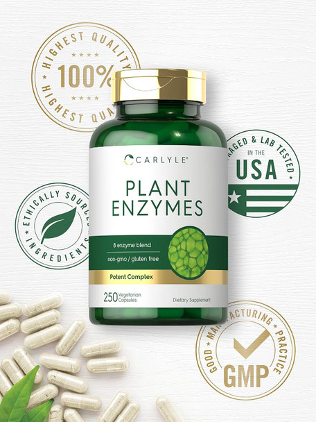 Carlyle Plant Enzymes with Protease Papain Lactase and Bromelain | 250 Capsules | Multi Enzyme Blend | Non-GMO & Gluten Supplement Carlyle Plant Enzymes with Protease Papain Lactase and Bromelain | 250 Capsules | Multi Enzyme Blend | Non-GMO & Gluten Supplement