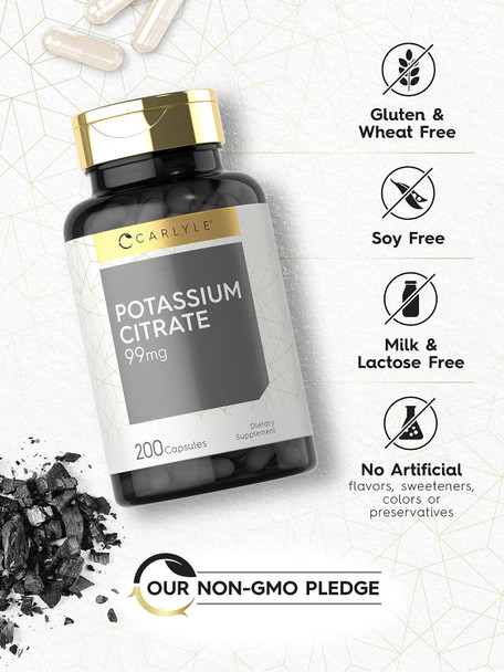 Carlyle Potassium Citrate Supplement | 99mg | 200 Capsules | Non-GMO and Gluten