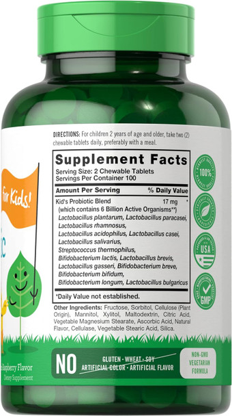 Carlyle Probiotics for Kids | 200 Chewable Tablets | 6 Billion CFUs | Raspberry Flavor | Non-GMO Gluten Probiotics for Children | by Lil' Sprouts