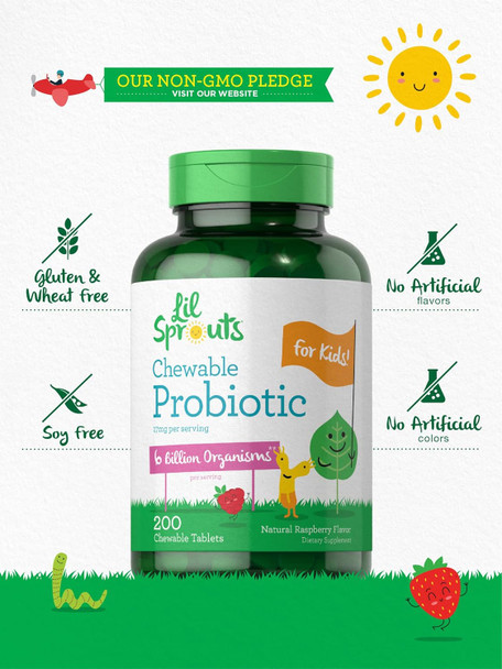 Carlyle Probiotics for Kids | 200 Chewable Tablets | 6 Billion CFUs | Raspberry Flavor | Non-GMO Gluten Probiotics for Children | by Lil' Sprouts