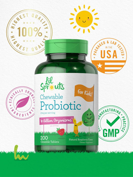 Carlyle Probiotics for Kids | 200 Chewable Tablets | 6 Billion CFUs | Raspberry Flavor | Non-GMO Gluten Probiotics for Children | by Lil' Sprouts