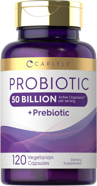 Carlyle Probiotics with Prebiotics | 120 Capsules | 50 Billion Active Organisms | Non-GMO & Gluten Supplement
