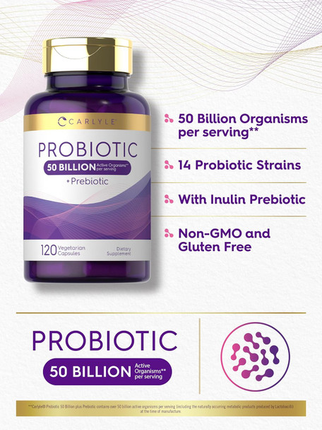 Carlyle Probiotics with Prebiotics | 120 Capsules | 50 Billion Active Organisms | Non-GMO & Gluten Supplement