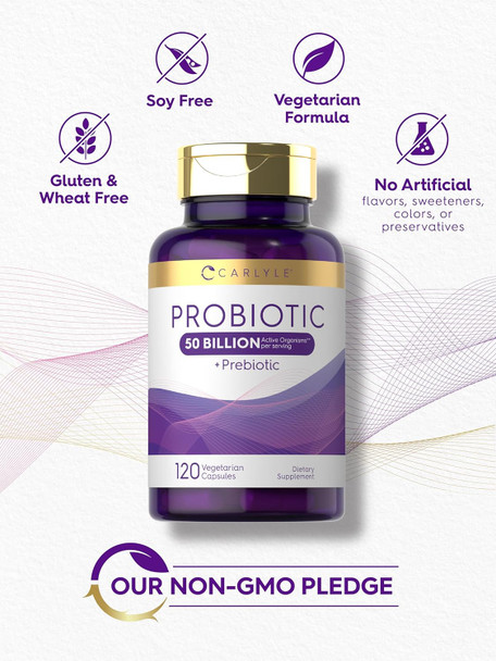 Carlyle Probiotics with Prebiotics | 120 Capsules | 50 Billion Active Organisms | Non-GMO & Gluten Supplement