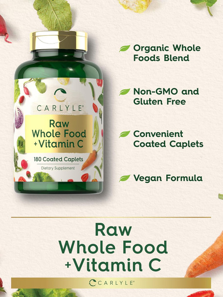 Carlyle Raw Whole Foods VIT C | 180 Coated Caplets | Dietary Supplement | Vegan Non-GMO & Gluten