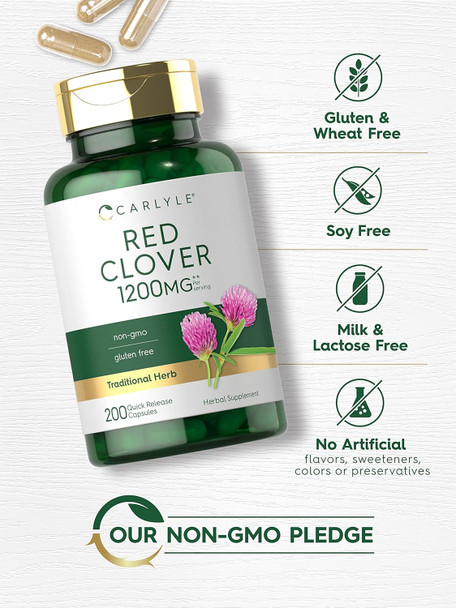 Carlyle Red Clover Capsules 1200mg | 200 Count | Trifolium Pratense | Non-GMO Gluten | Red Clover Blossom Extract Supplement
