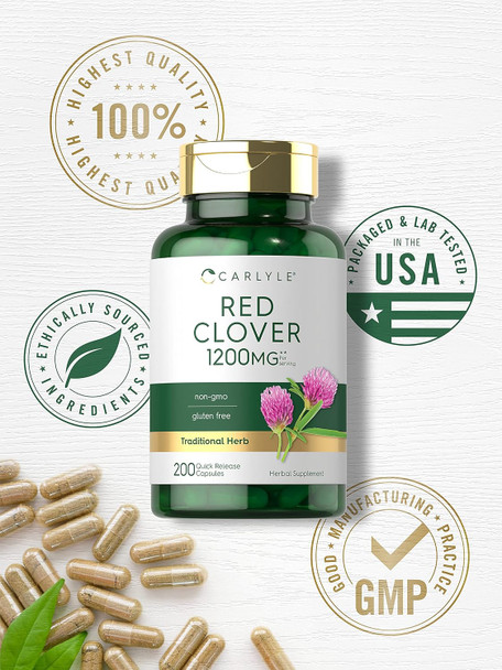 Carlyle Red Clover Capsules 1200mg | 200 Count | Trifolium Pratense | Non-GMO Gluten | Red Clover Blossom Extract Supplement