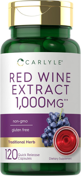 Carlyle Red Wine Extract Capsules | 1000mg | 120 Count | Non-GMO and Gluten Supplement