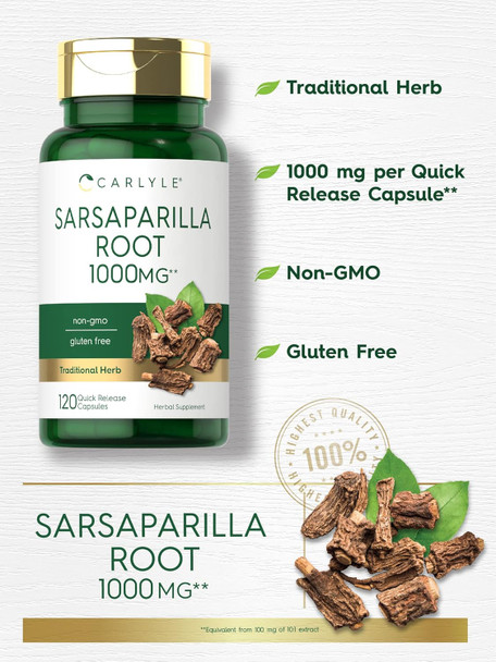 Carlyle Sarsaparilla Root Capsules 1000mg | 120 Count | Non-GMO Gluten Supplement