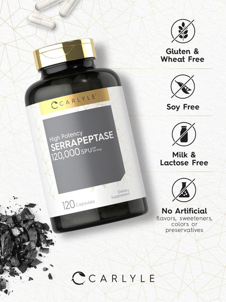 Carlyle Serrapeptase 120000 SPU | 120 Capsules | Supports Sinus Health | Gluten Enzyme Supplement